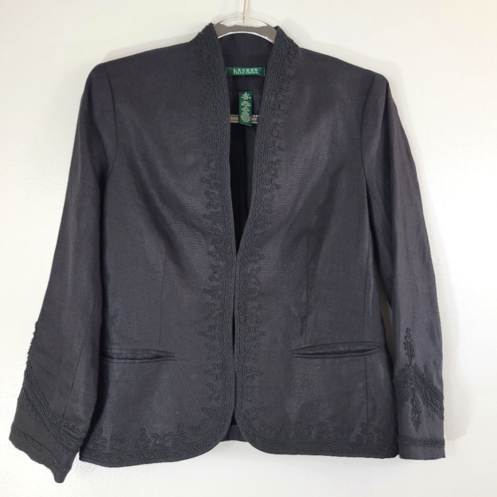 LAUREN RALPH LAUREN black linen embroidered classic neutral casual office blazer